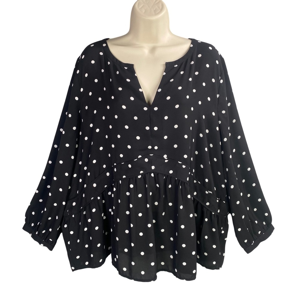 LOFT Polka Dot Peplum Blouse Women XXLP Black White Babydoll Office Minimalist